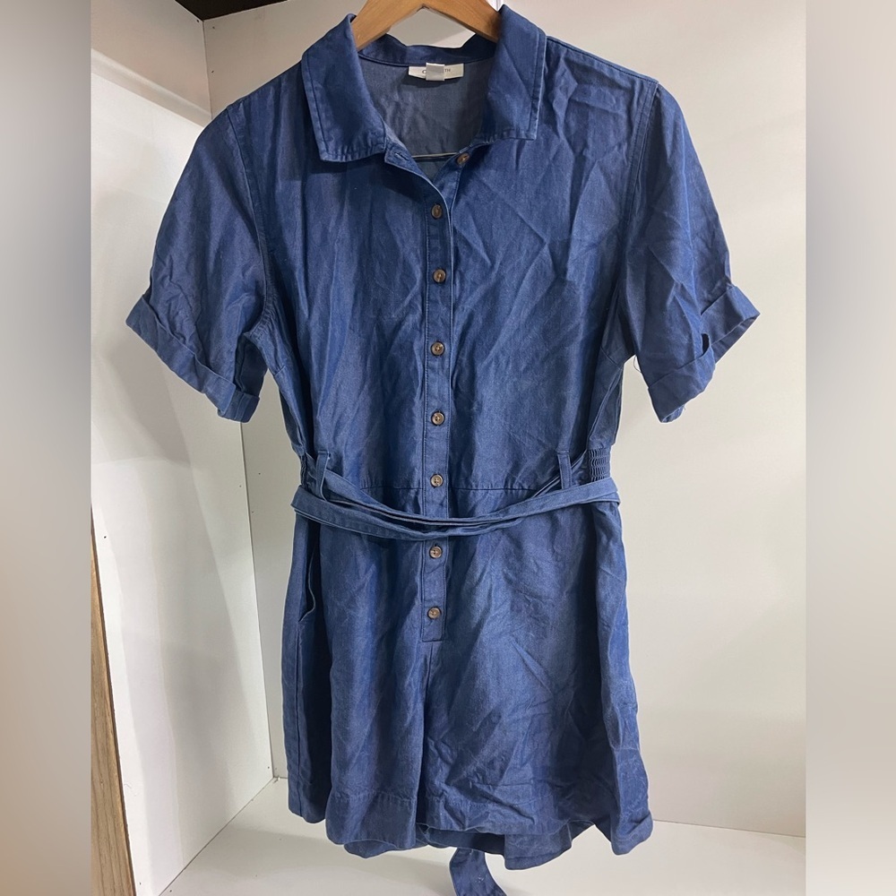 Dark Blue Denim button down Romper‎ With Tie Waist